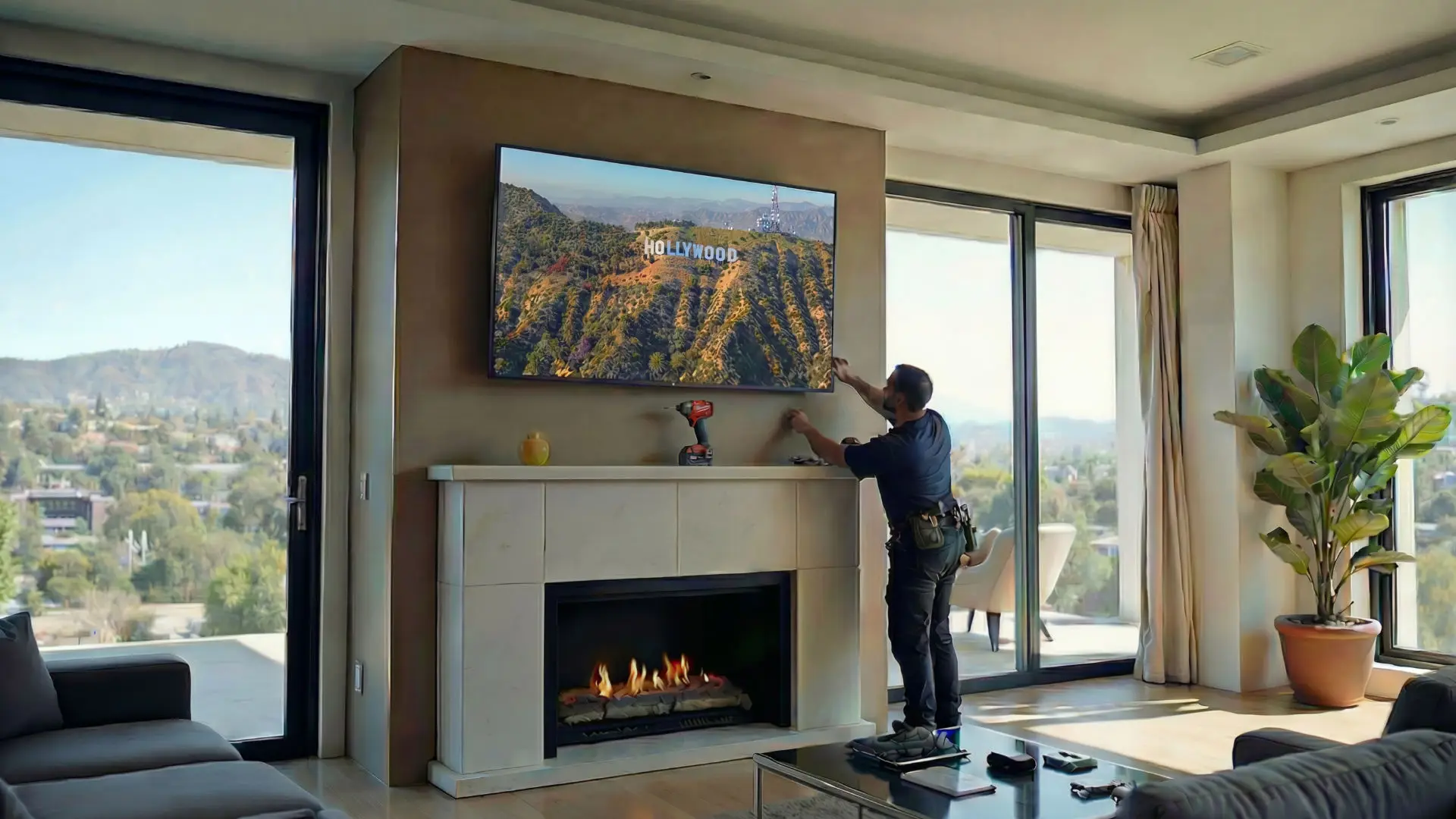 Laser-aligned architectural TV wall installation in Los Angeles residence