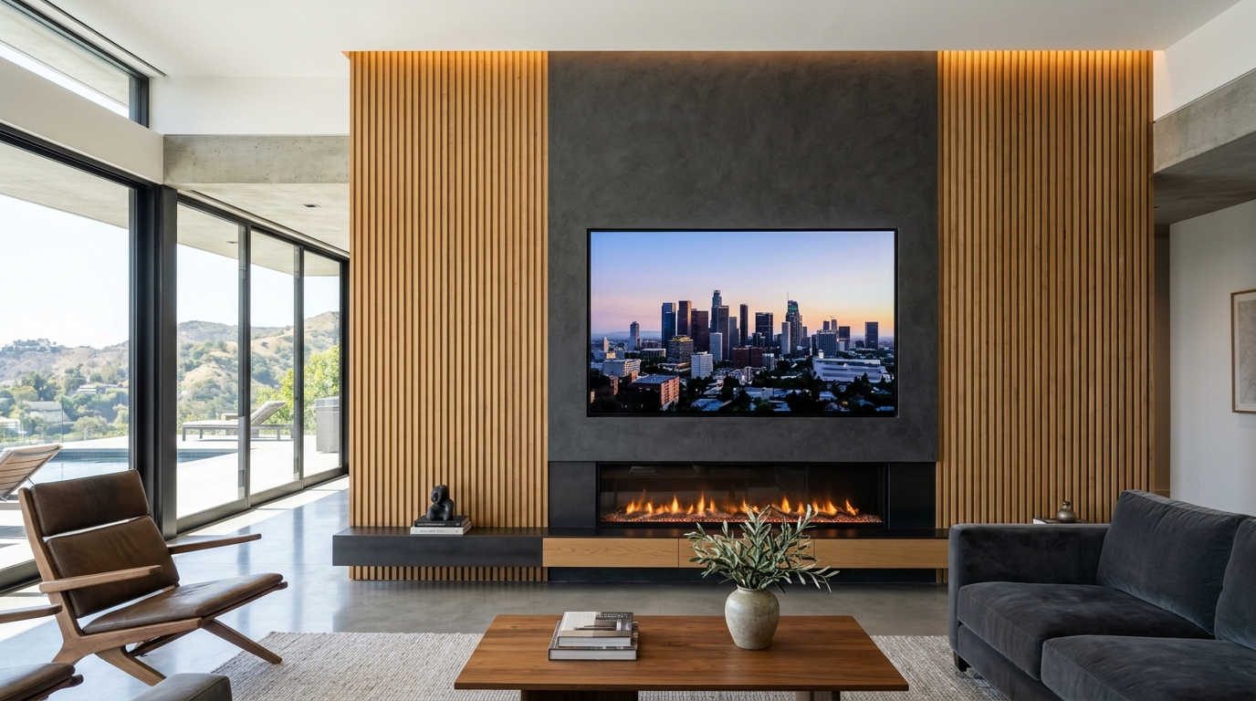 Custom media wall with wood slats, recessed TV niche and linear fireplace